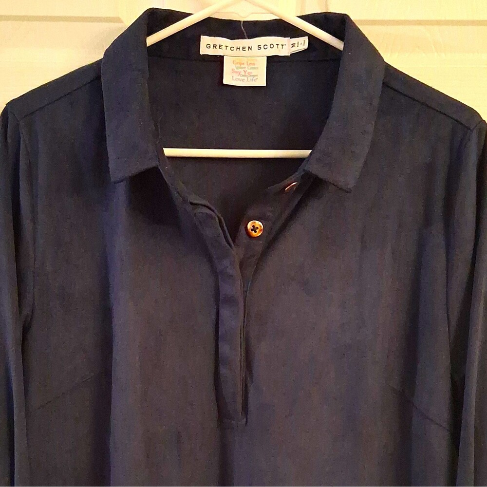 Gretchen Scott Womens Navy Solid Collared Button Accent Long Sleeve Blouse S